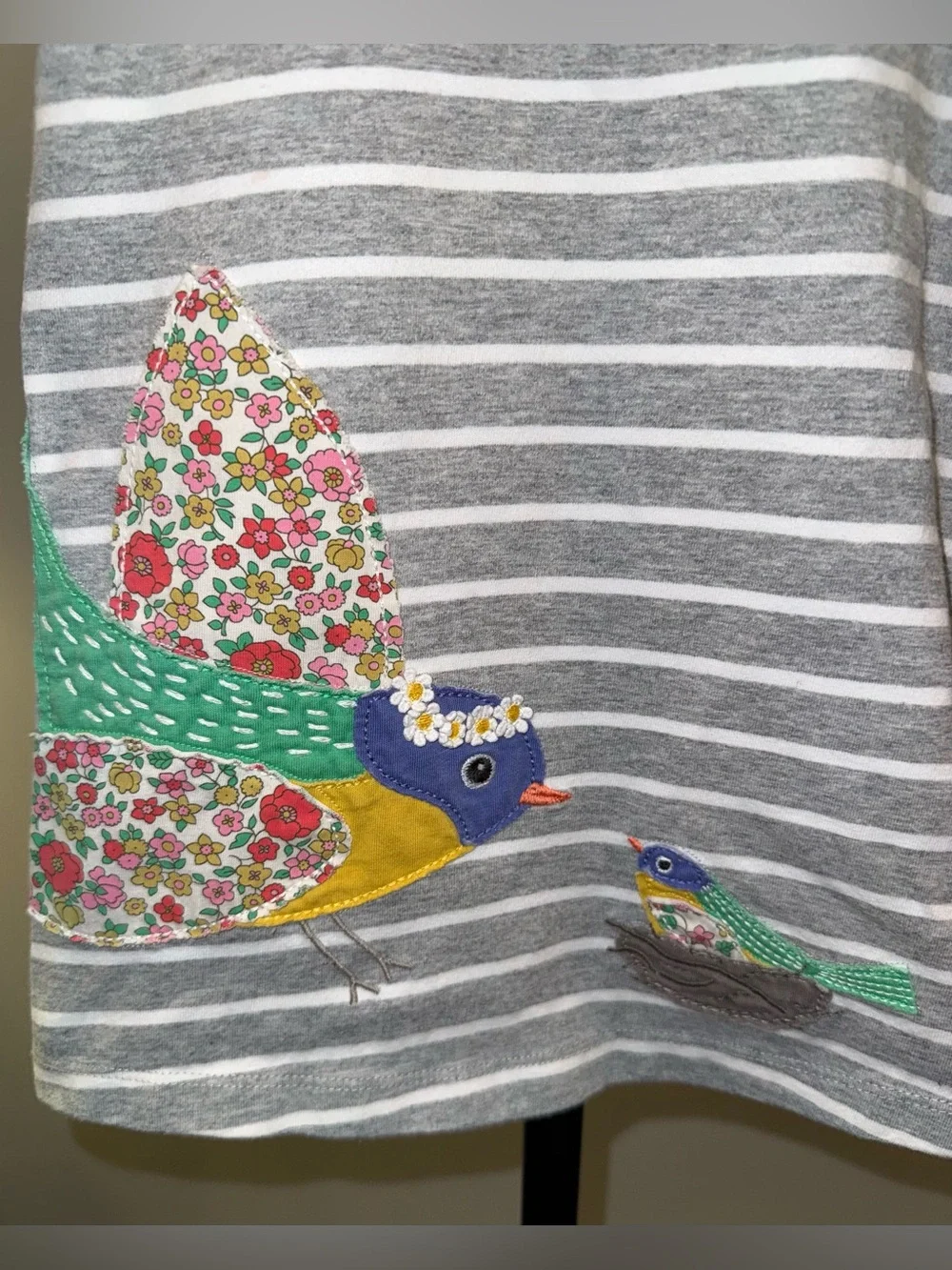 Mini Boden striped dress with bird appliqué, size 1.5/2 years